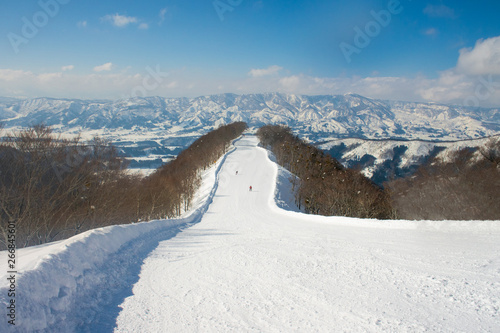Landscape and Mountain view of Nozawa Onsen in winter , Nagano, Japan.