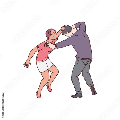 Woman attacking a man, hair pulling and bullying by female abuser