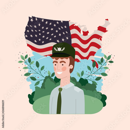 military man with usa flag in the field