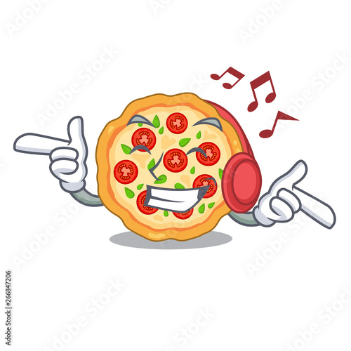 Listening music margherita pizza isolated with the cartoons