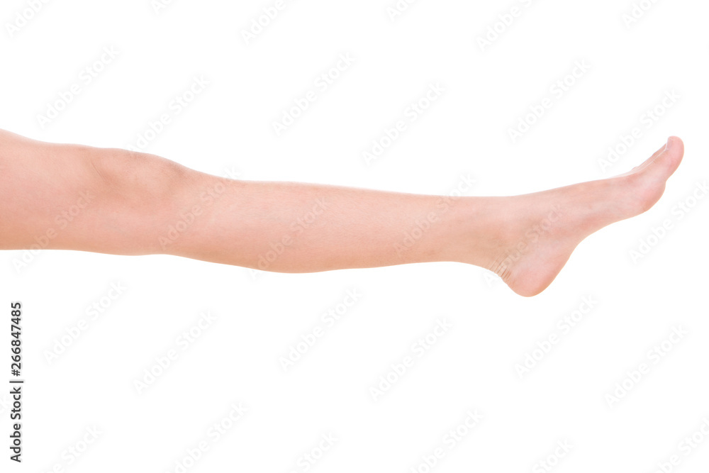 Girl leg gestures isolated over the white background.