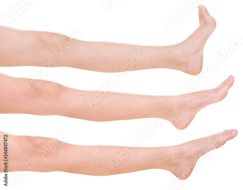 Multiple girl leg gestures isolated over the white background, set of multiple images