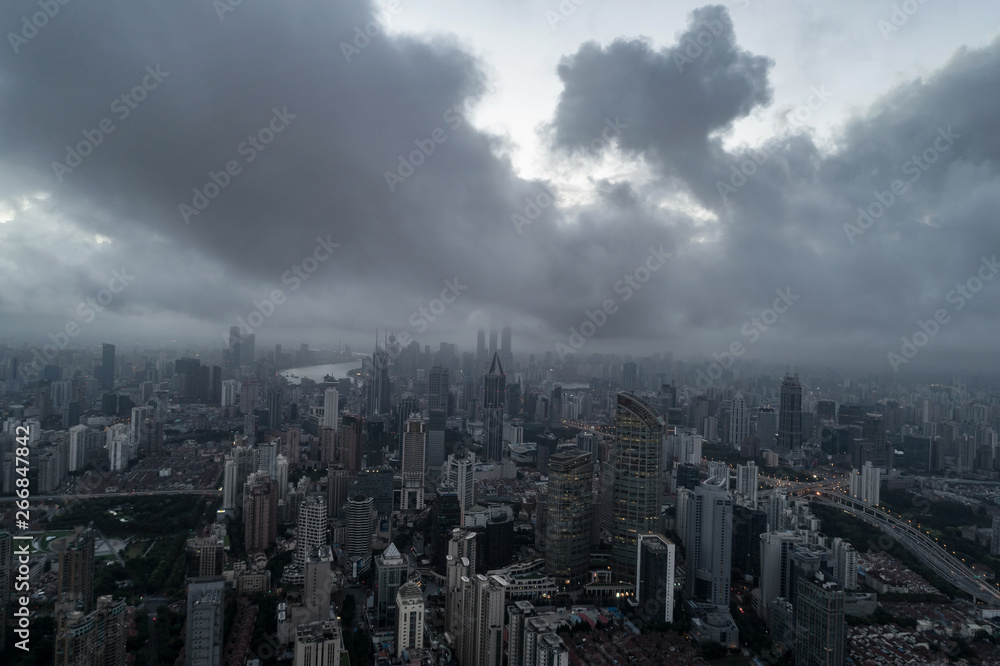 Aerial view of business area and cityscape in the dawn, West Nanjing Road, Jing` an district, Shanghai