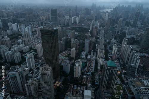 Aerial view of business area and cityscape in the dawn  West Nanjing Road  Jing  an district  Shanghai