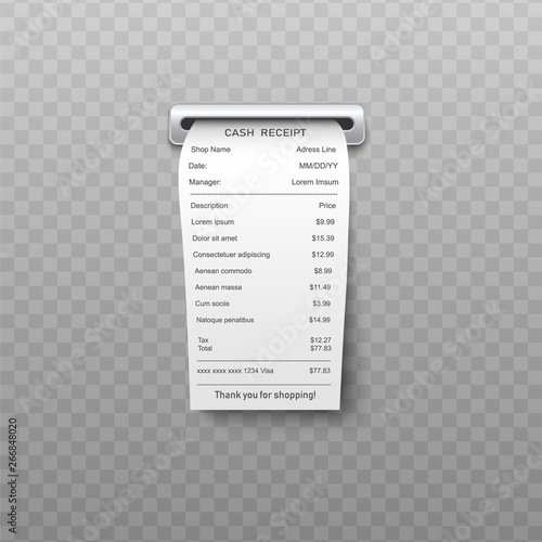 White paper bill or bank atm dispenser invoice going out from slit in realistic vector illustration.