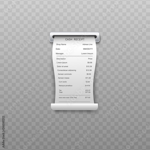 White curled paper bill or bank atm dispenser invoice going out from slit.