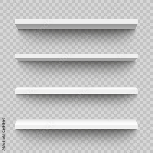 Set of empty and blank realistic 3d white shop shelf, retail or bookshelf.
