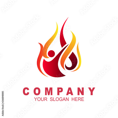 Fire + people logo + line with fire and danger icon, human logo with fire design illustration