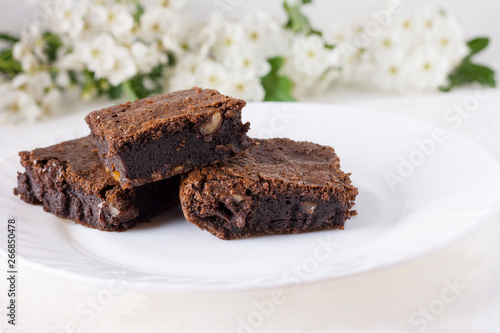 Delicious chocolate cake on a white plate on a white table. Homemade pastries. Traditional American Pie. Copy space