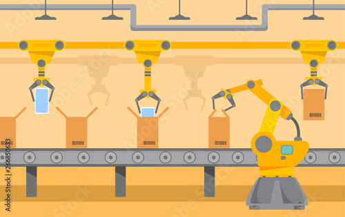 Robotic packing conveyor belt.Automated robot arm.Cardboard boxes.Smart industrial factory.Concept horizontal banner. Flat vector.Industrial plant.Production assembly line smartphone.Industry 4.0