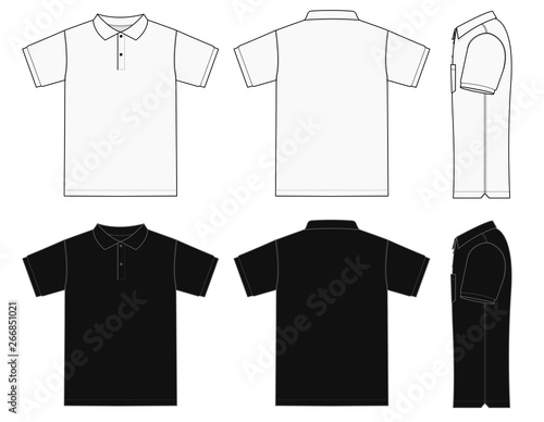 Polo shirt (golf shirt) template illustration ( front/ back/ side ) / white& black. No pockets.