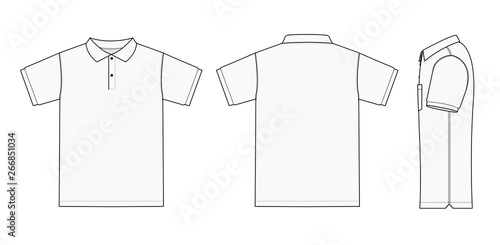 Polo shirt (golf shirt) template illustration ( front/ back/ side ) / white. No pockets. photo