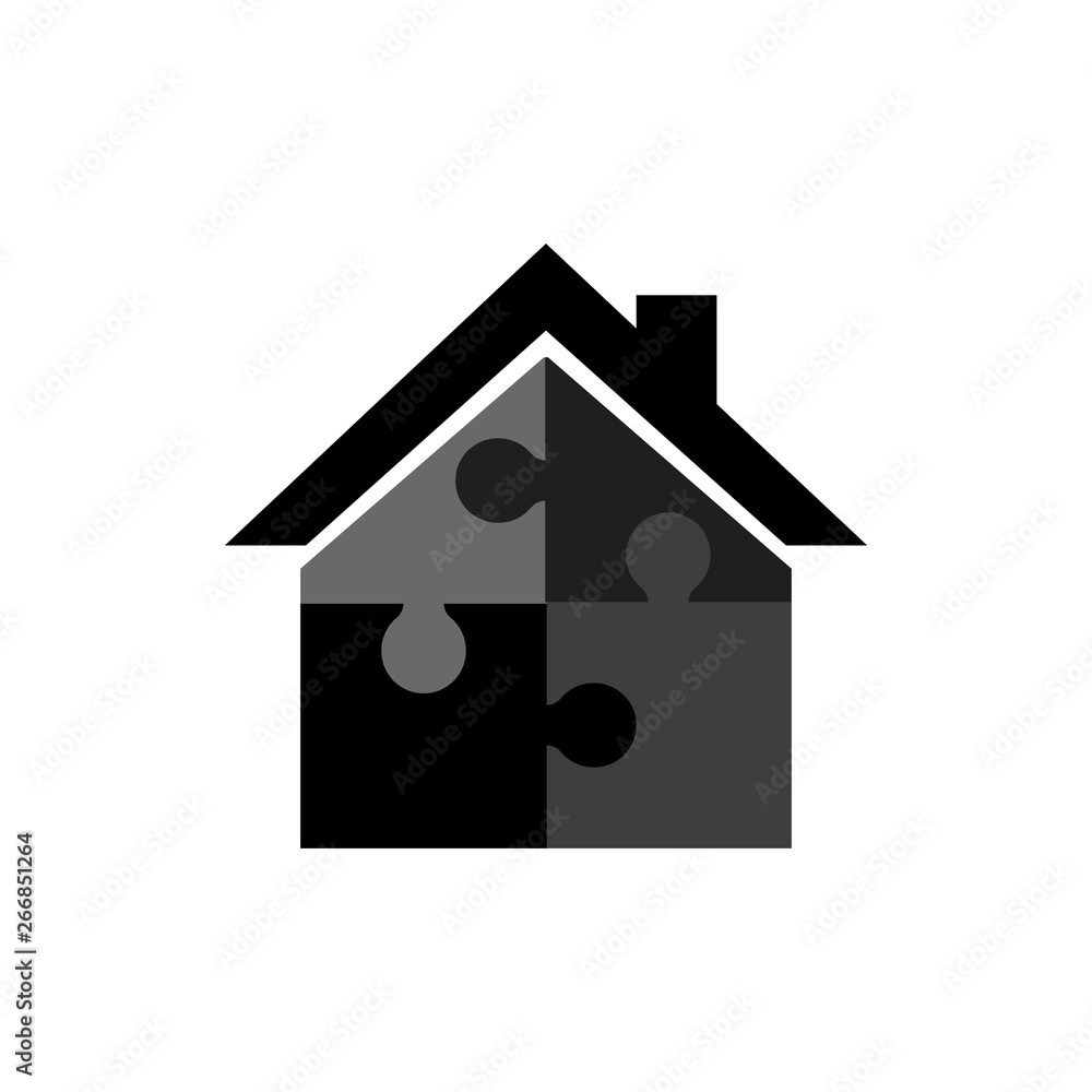 Home of puzzle pieces. Estate vector icon. Black puzzle icon. Simple, modern flat illustration. Home of puzzle pieces. Estate vector icon. Black puzzle icon. Simple, modern flat illustration.