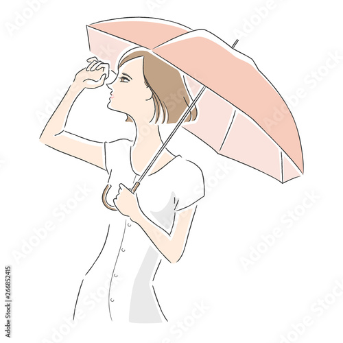 若い女性のイラスト。日傘で紫外線対策をしている。