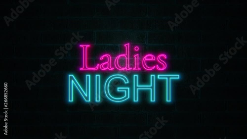 Ladies night neon text flickering on brick wall. Seamless loop background. 4k