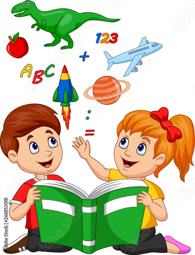 Cartoon kids reading book education concept with apple, dinosaur, planet Satu...