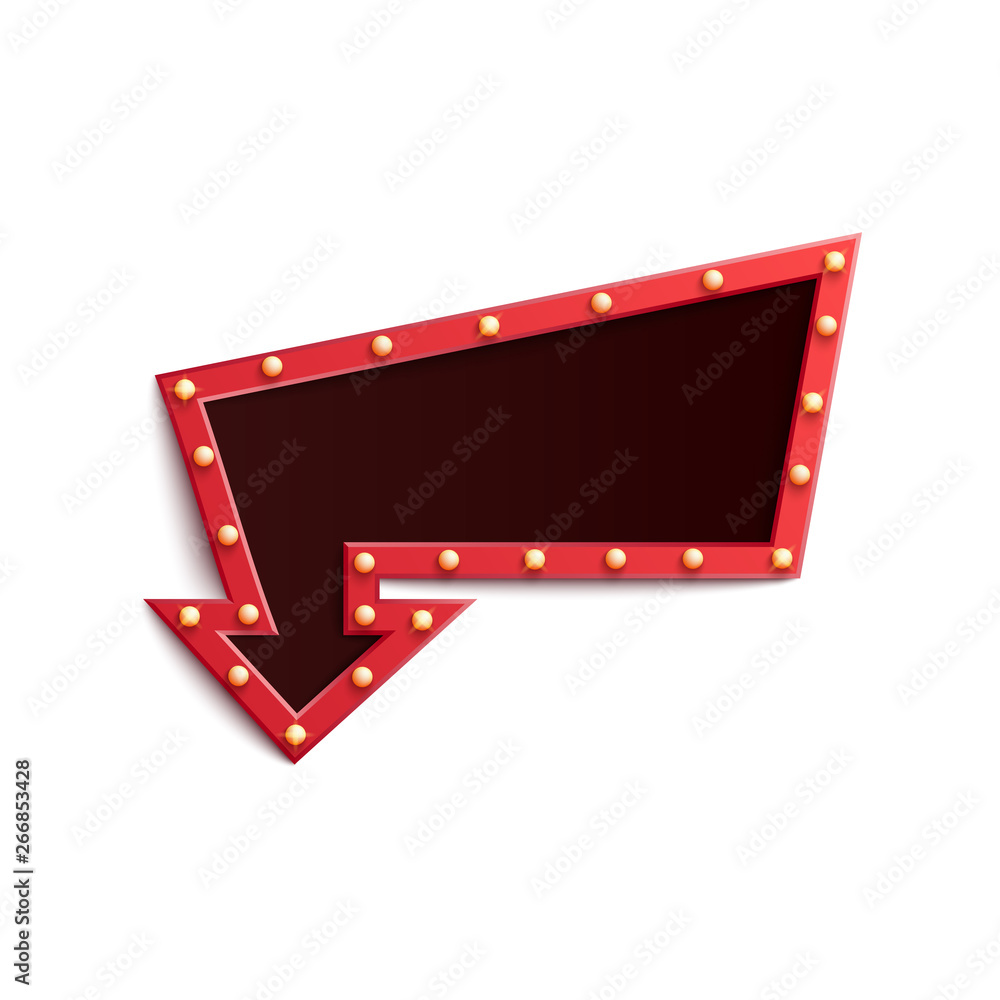 Retro red frame in form of arrow with shining light bulbs in realistic style.