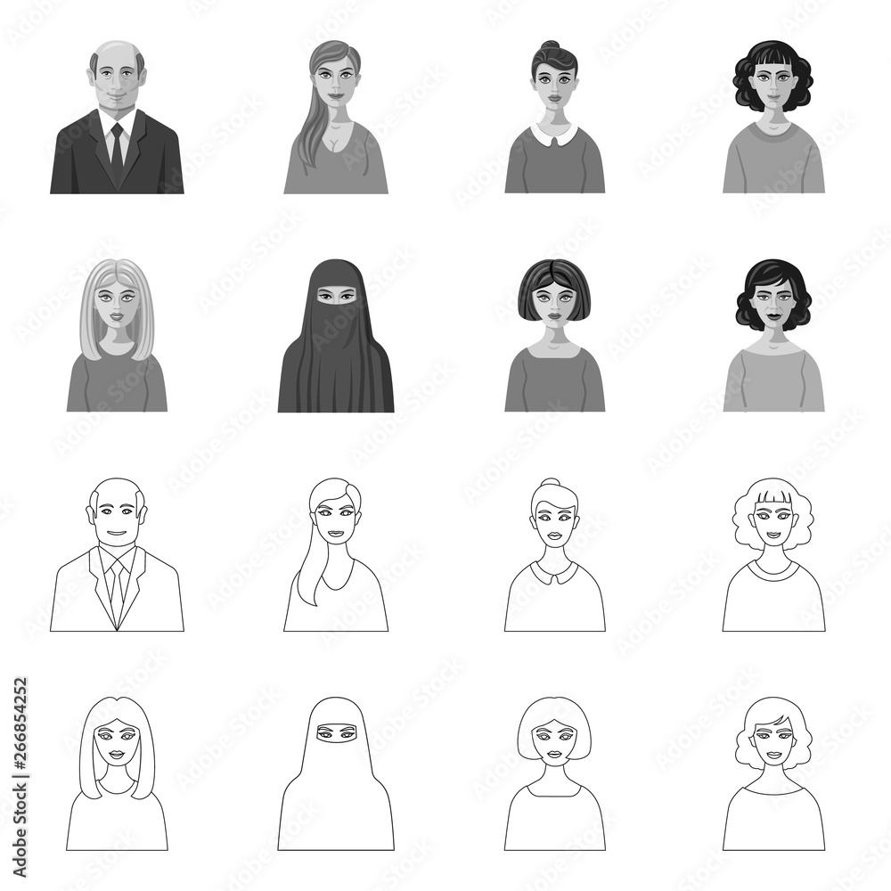 Isolated object of hairstyle and profession icon. Set of hairstyle and character vector icon for stock. Isolated object of hairstyle and profession icon. Set of hairstyle and character vector icon for stock.