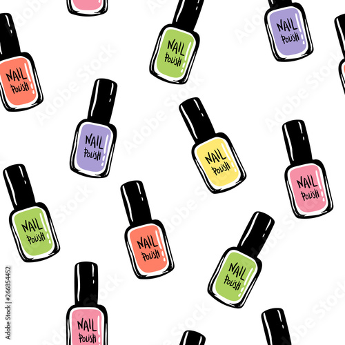 Cosmetic seamless vector pattern. Nail polish sketch texture. Summer background. Fashion background with nail polish.