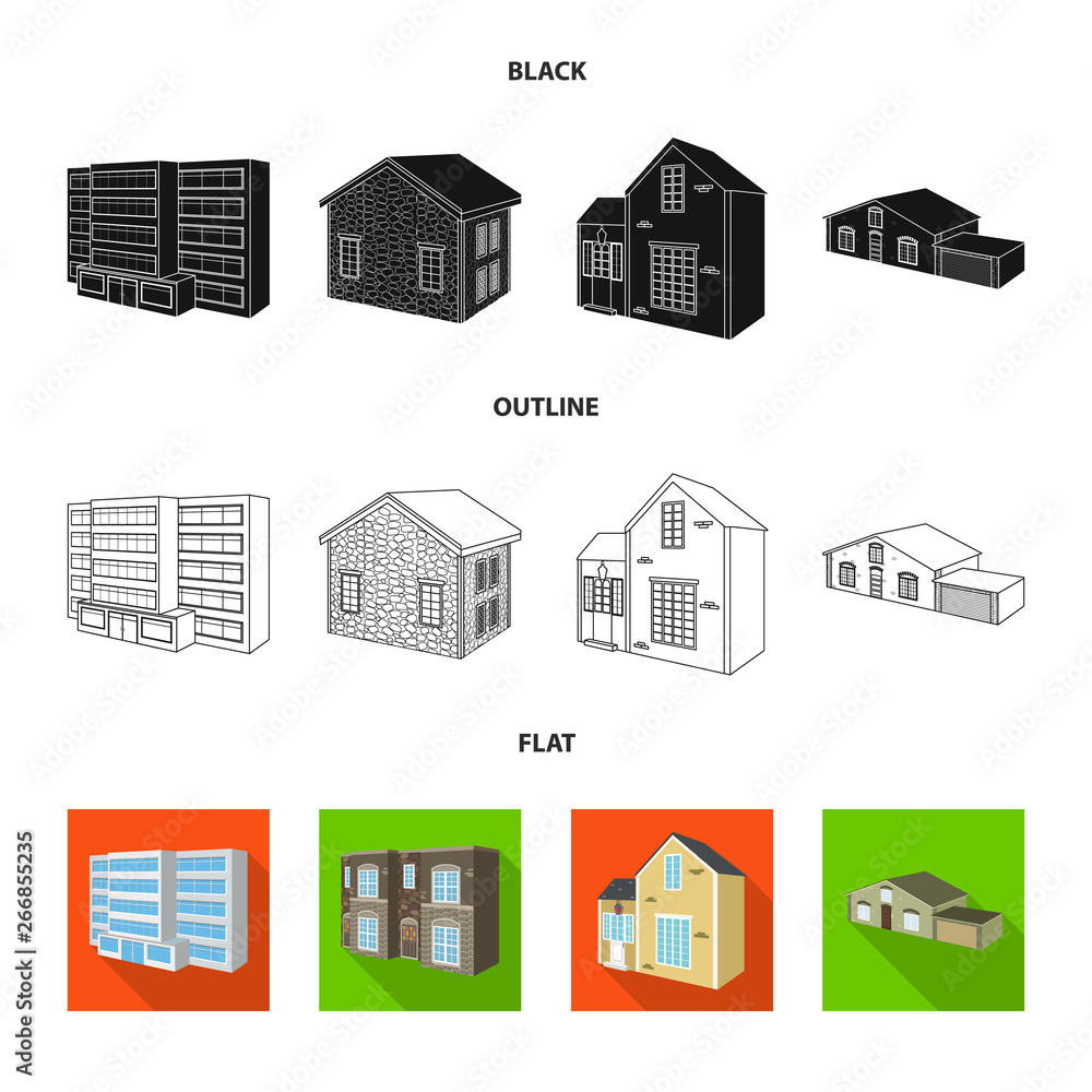 Vector illustration of facade and housing symbol. Collection of facade and infrastructure vector icon for stock. Vector illustration of facade and housing symbol. Collection of facade and infrastructure vector icon for stock.