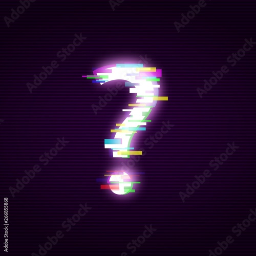 Neon question mark with glitch effect abstract style
