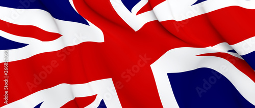National Fabric Wave Closeup Flag of Great Britain Waving in the Wind. 3d rendering illustration.
