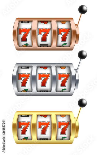 Vector illustration set of slot machine with lucky combination of three sevens in realistic style.