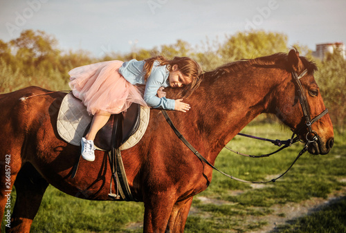 Cute girl on grass with horse. Friendship concept image. © Alona