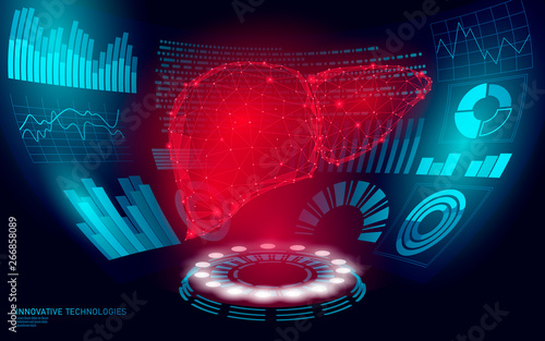 3D low poly human liver laser surgery operation HUD UI display. Future technology polygonal medicine disease drug treatment. Blue abstract medicine pharmacy hepatitis cancer vector illustration