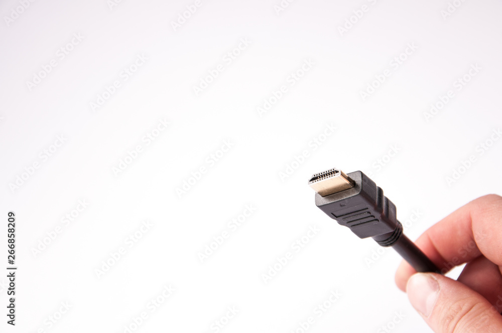 black cable hdmi connect in hand black cable hdmi connect in hand