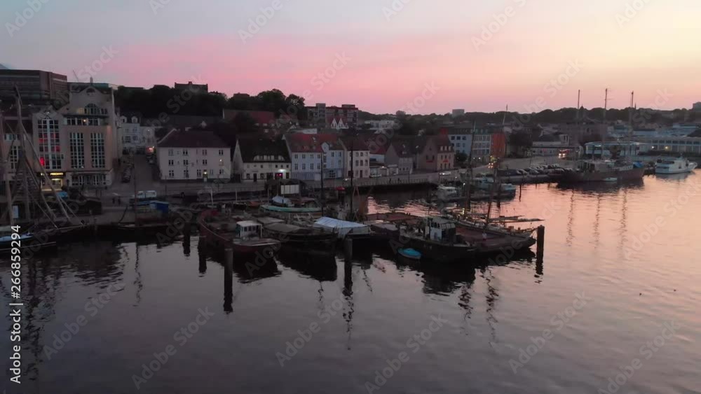 Beautiful sunset at Flensburg. Aerial view of Flensburg fjord. pink sunset. Beautiful sunset at Flensburg. Aerial view of Flensburg fjord. pink sunset.