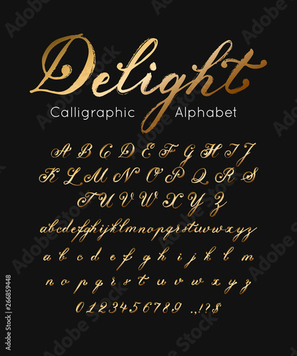 Vector gold font and alphabet. Set of cursive letters and numbers. Brush type