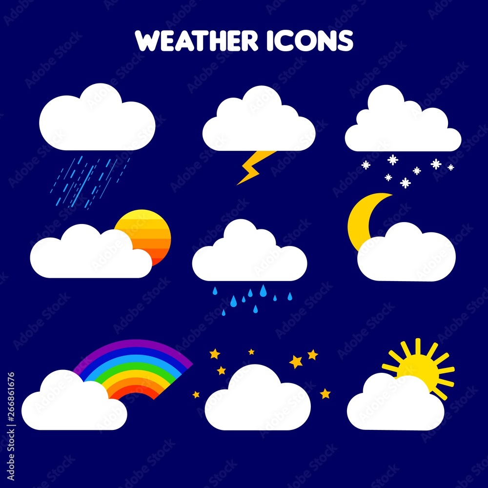 illustration of weather. rain, storm, lightning, snow, sky with stars, rainbow, cloudy, sunset, moon, overcast, sun behind a cloud. Collection of vector clouds. Cartoon clouds set. weather icons Stock Vector | Adobe illustration of weather. rain, storm, lightning, snow, sky with stars, rainbow, cloudy, sunset, moon, overcast, sun behind a cloud. Collection of vector clouds. Cartoon clouds set. weather icons Stock Vector | Adobe