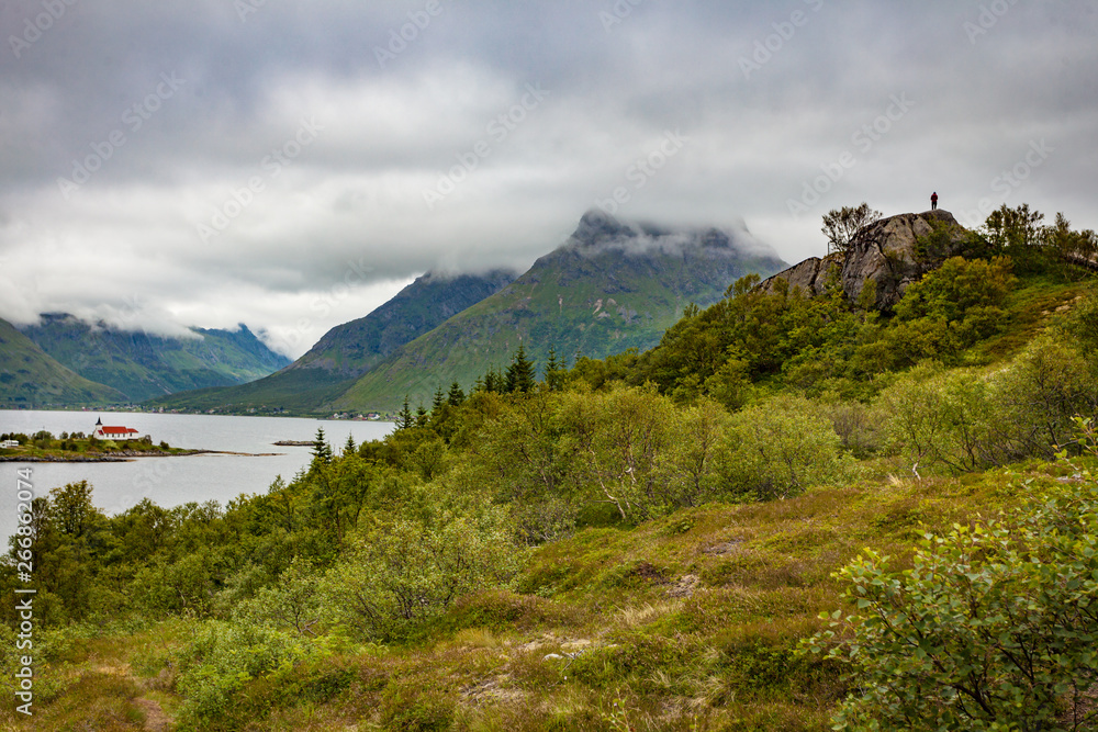 Fjord landscape with church. Lofoten Norway