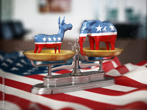 Republican and Democrat party political symbols elephant and donkey on American flag. 3D illustration photo