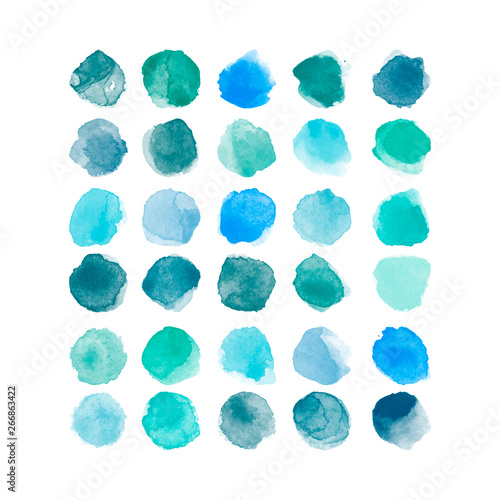 Set of colorful vector watercolor hand painted round shapes, stains, circles, blobs isolated on white. Elements for artistic design