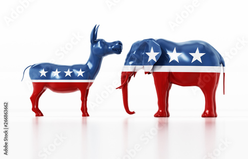 Republican and Democrat party political symbols elephant and donkey. 3D illustration