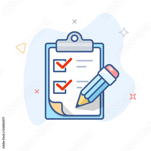 Vector checklist line icon. Clipboard with survey and pen outline illustration.