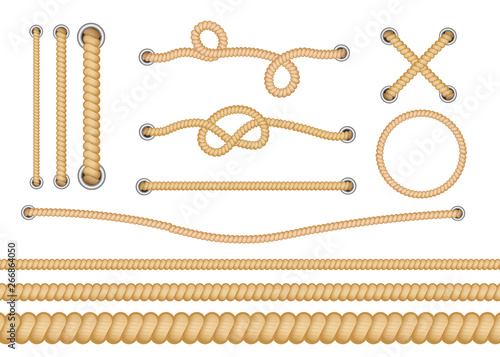 Set of various types of nautical loops and knots for rope.