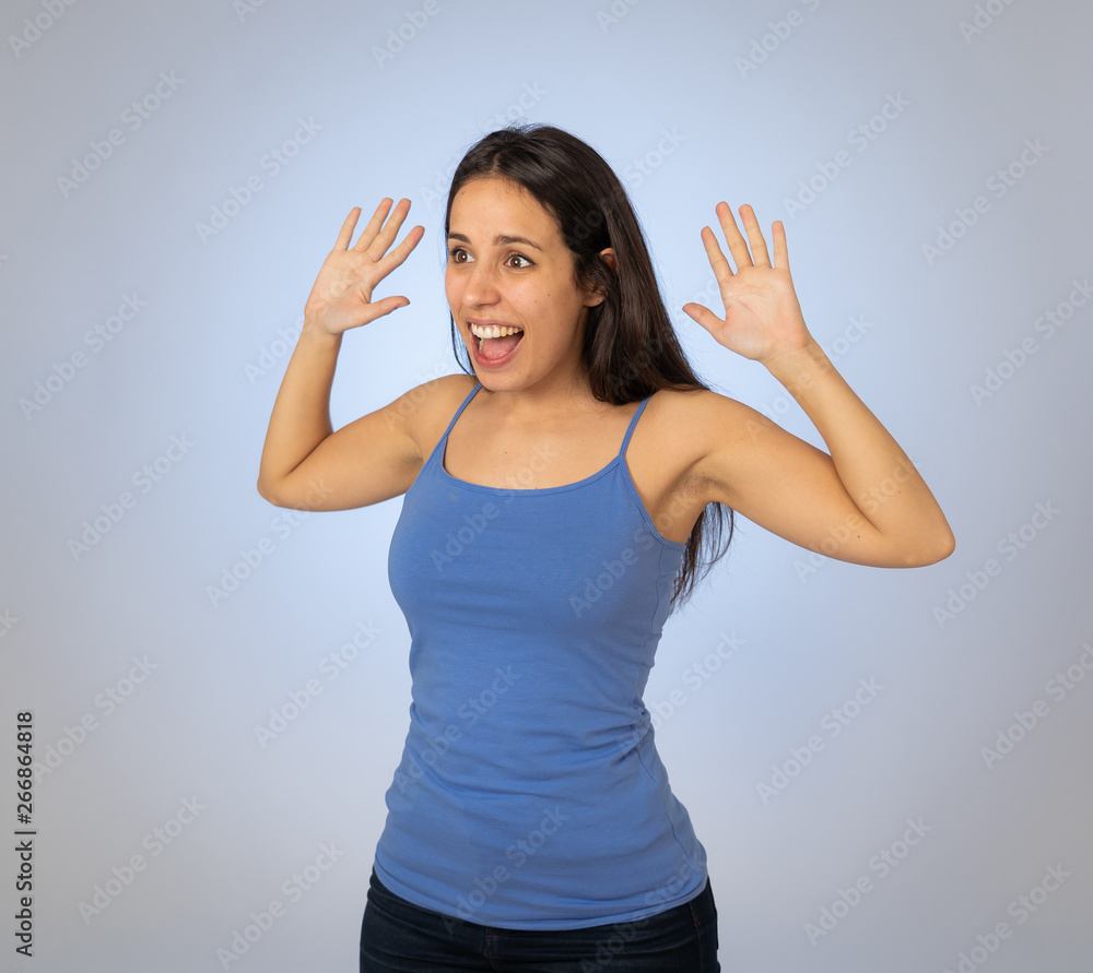 Close up portrait of surprised and happy woman feeling lucky Close up portrait of surprised and happy woman feeling lucky