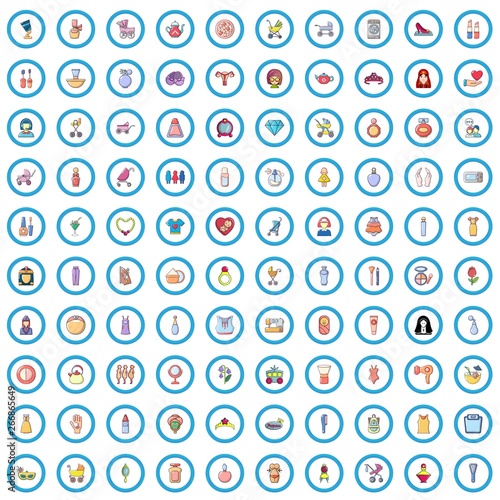 100 woman icons set. Cartoon illustration of 100 woman vector icons isolated on white background