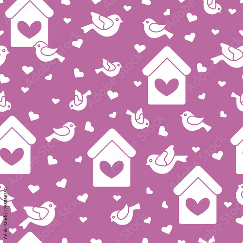 Seamless pattern with birds, birdhouses and hearts
