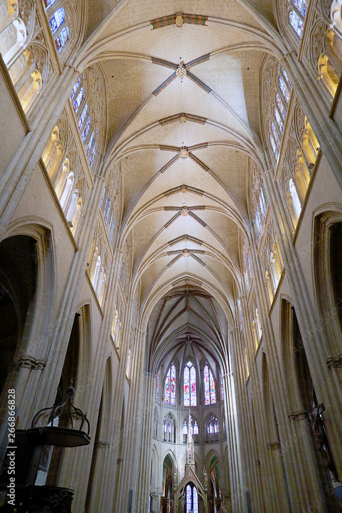 Upper view of the nave of the Cathedral of Our Lady of Bayonne, France.