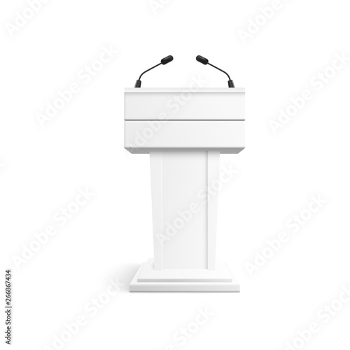 White podium with microphones for business conference or seminar.