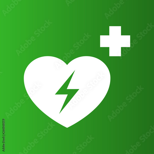 Icono plano símbolo desfibrilador en fondo verde