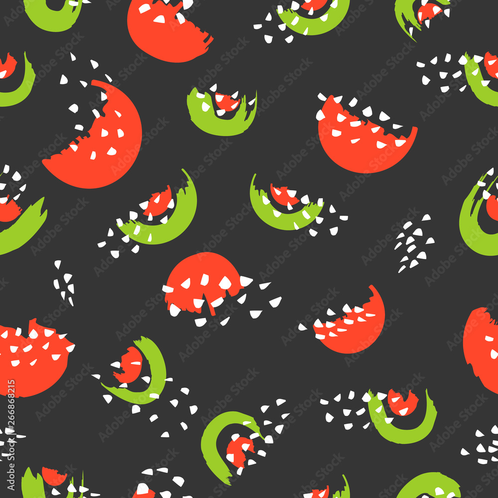 Seamless repeating pattern with watermelon and shapes on black background. Seamless repeating pattern with watermelon and shapes on black background.