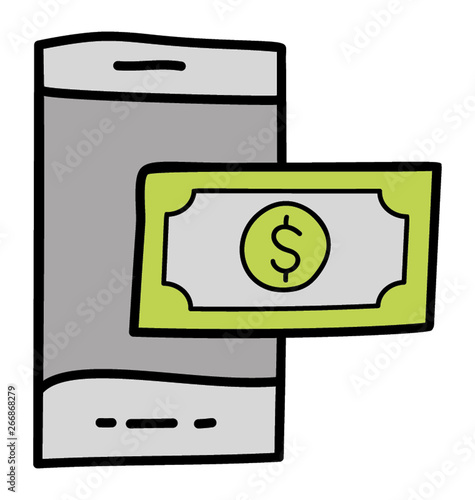 Mobile with money, mobile banking doodle design.