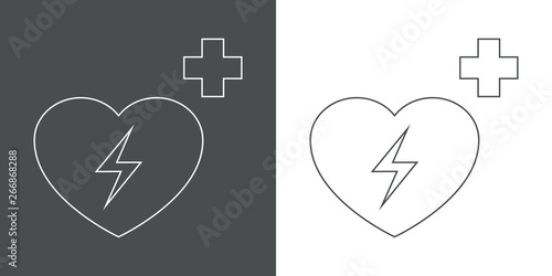 Icono plano lineal símbolo desfibrilador en gris y blanco