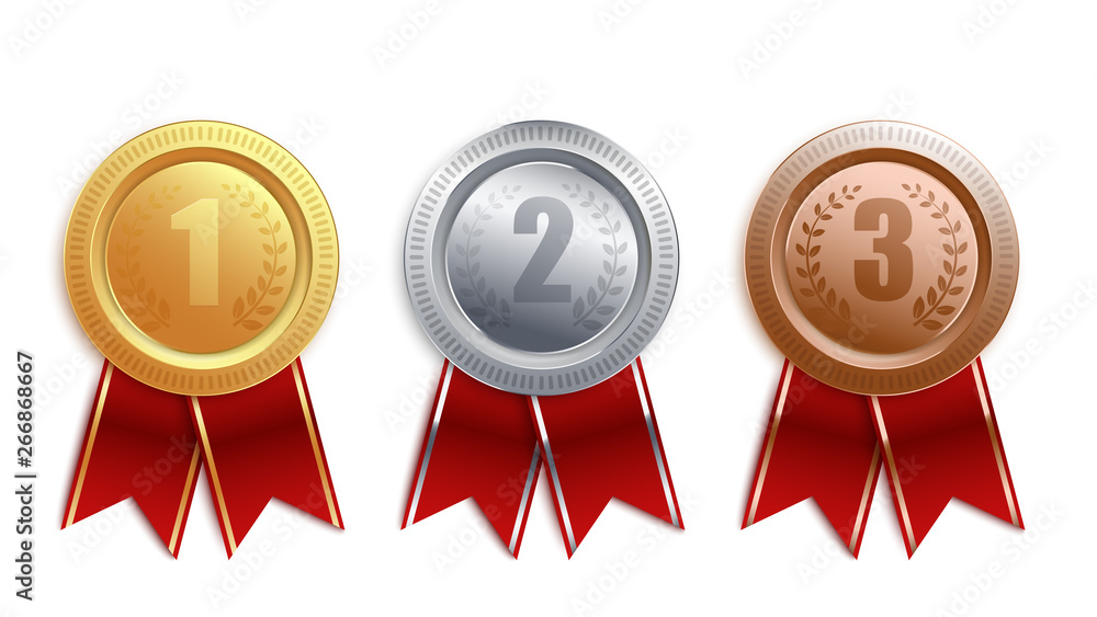 Set of gold, silver, bronze badges with red ribbon Stock Vector | Adobe ...