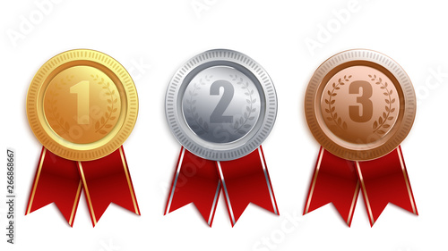 Set of gold, silver, bronze badges with red ribbon